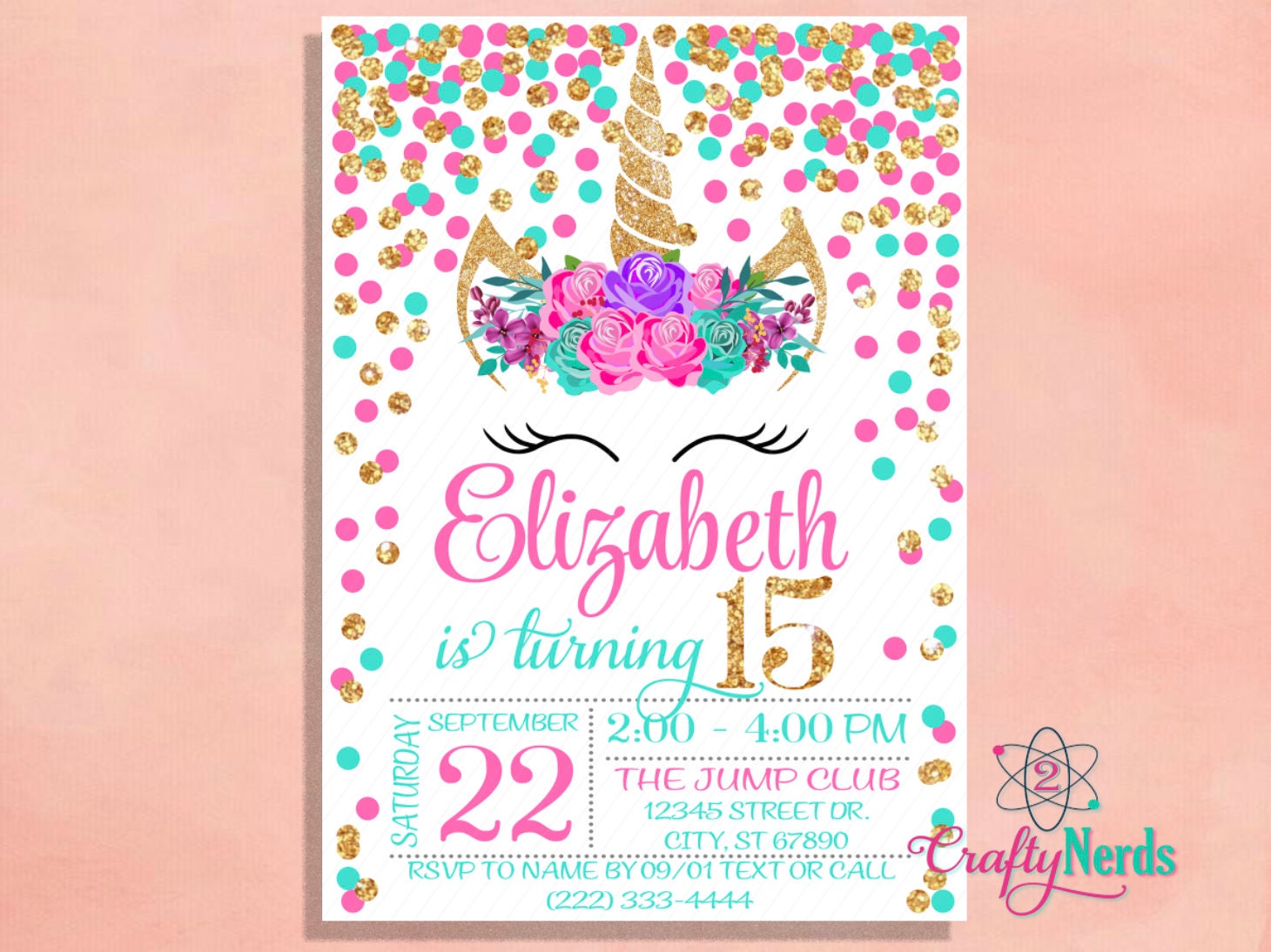 Unicorn Birthday Invitation Party Invite Falling Glitter Hot Pink, Tu…