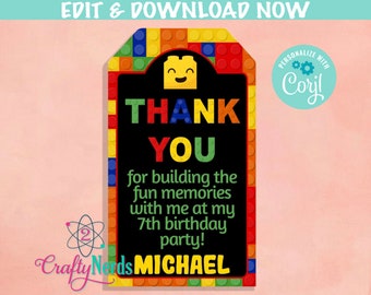 Building Blocks Birthday Thank You Tag, Blocks Birthday Tag Favor Label | Editable Instant Download | Edit Online NOW Corjl | INSTANT ACCESS