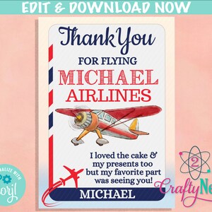 May include: A blue and red thank you card with a red airplane and the text "Thank You for Flying Michael Airlines". The card also includes the text "I loved the cake & my presents too but my favorite part was seeing you!" and the name "Michael".