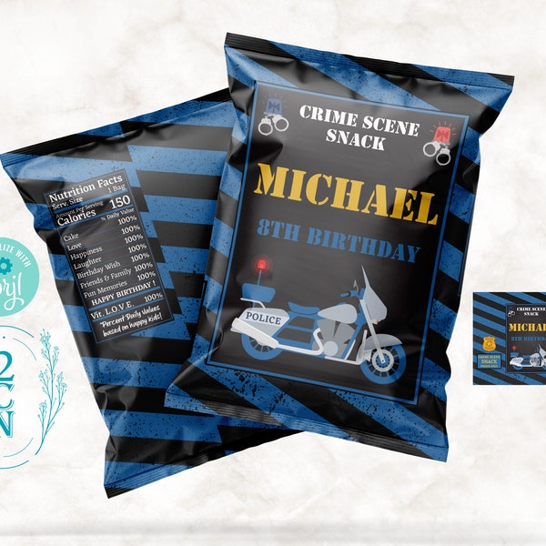 Police Birthday Chips Bag, Police Camo Party Popcorn Bag, 1oz Snack Bag | Editable Instant Download | Edit Online NOW Corjl | INSTANT ACCESS