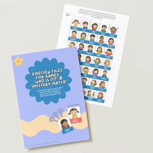 May include: A printable resource titled Emotion Tiles for Games: Who Is It? & Mystery Match featuring a light purple cover with a blue scalloped shape, text, and two small character tiles measuring 3.0cm x 2.2cm, plus a game board sheet.
