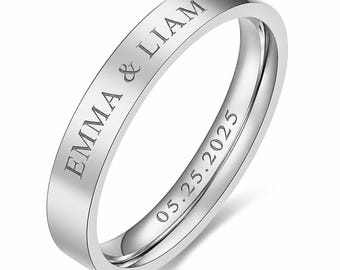 Custom Engraved Gold Tungsten Ring | Outside Names & Inside Date | Personalized Wedding Band