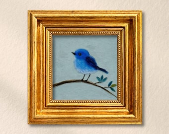 Blue Bird Oil Painting Small Bird Artwork Nature Wall Decor Hand Painted Bird Art Minimalist Home Decor Gift For Bird Lovers Nature Lovers
