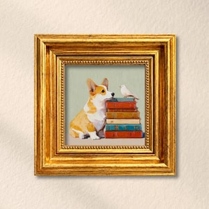 Książki z obrazami olejnymi dla psów Corgi, stosik z białym ptakiem, rama w stylu vintage w kolorze złotym, przytulna biblioteka, dekoracja ścienna, prezent dla miłośników psów i czytelników książek