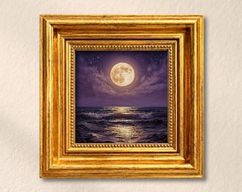 Pintura de luna y océano, luna llena, noche, arte marino, cielo púrpura, olas, lienzo texturizado, decoración de pared, marco dorado, regalo de naturaleza para amantes de la naturaleza.