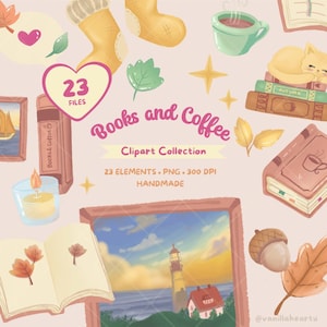 Cozy Books and Coffee Clipart, Autumn Cat PNG, Book Lover Clip Art, Warm Fall Aesthetic, Cozy Reading PNG, Digital Download, Digital Files