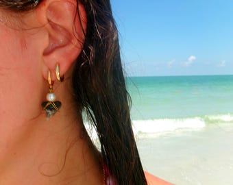 Gold Shark Tooth Huggie Earrings | Dainty Wire Wrapped Pearl Earrings | Coastal Beach Jewelry