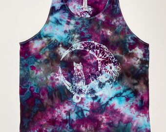 Tanktop mit Katzenmotiv und Eisfarbstoff: Handbemalte Batik-Bekleidung (Größe L)