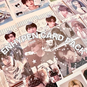 May include: A collection of rectangular photo cards featuring portraits of the members of the music group Enhypen. The cards display various close-up images of the individuals, decorated with graphic elements like stars, pearls, and text.