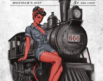 Puede incluir: Un póster de estilo vintage titulado The Nightmare Express que muestra a un personaje diabólico de piel roja con cola, que lleva un mono de mezclilla y un pañuelo de lunares, sentado sobre una locomotora de vapor negra con el número 666.