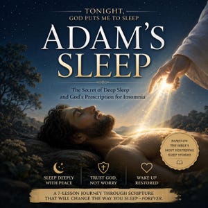 Könnte beinhalten: Ein Buchcover mit dem Titel Adam's Sleep zeigt einen Mann, der unter einem Sternenhimmel auf dem Boden liegt. Eine leuchtende Hand reicht von oben herab. Der Text umfasst Tonight, God Puts Me To Sleep, The Secret of Deep Sleep und God's Prescription for Insomnia.