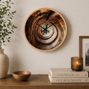 May include: A round wall clock with a light wood frame featuring a high-resolution print of a tree trunk cross-section with a deep, spiraling tunnel effect. The clock face has thin black hour, minute, and second hands centered on the image.