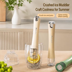 May include: Two beige handheld ice muddlers with silver tops and clear textured bases. One muddler is inside a clear measuring cup containing ice and a lemon slice. Text on the image reads: Crushed Ice Muddler, Craft Coolness for Summer, Crush ice and juice, Time-saving, Effort-saving.