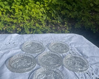 Pressed Lead Crystal Coasters Set of 6, Daisy Sunburst Pattern, German 1970s Barware