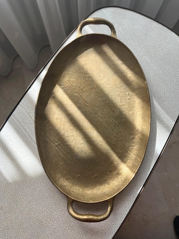 Collini Austria Signed Brass Tray, Mid-Century Modern Handled Serving Decor, Bar Cart
