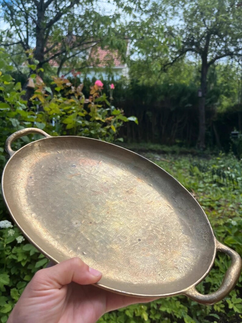 Collini Austria Signed Brass Tray, Mid-Century Modern Handled Serving Decor, Bar Cart image 2