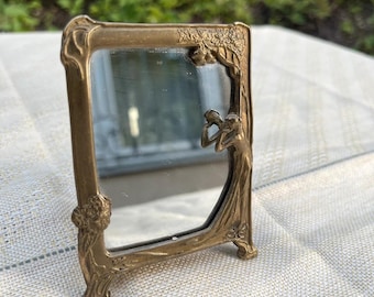 Brass Art Nouveau Table Mirror, Maiden and Floral Relief, Velvet Easel Back