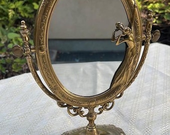 Art Nouveau Brass Vanity Mirror, Swivel Table Mirror with Woman Figure, Red Velvet Detail