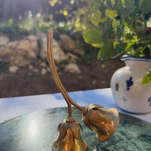 May include: A brass decorative object featuring two bell-shaped flowers attached to a single curved stem. The metal has a polished gold-toned finish with detailed petal-like structures at the base of each bell, creating a floral silhouette.