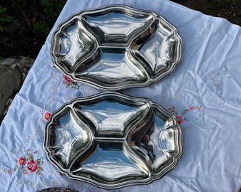 Divided Oval Serving Tray Pair, Mirror Polished Stainless Steel, Scalloped Baroque Rim, 34 cm