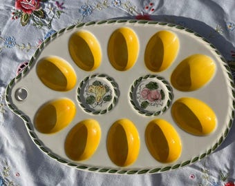 Hand Painted Yellow Ceramic Deviled Egg Platter, Green Leaf Rim, 10 Wells