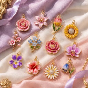 May include: A collection of twelve metal flower charms featuring enamel details in various colors including pink, yellow, blue, and purple. Each charm has a small loop for attachment, with some designs featuring small embedded crystals.
