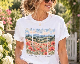 Meadow Graphic Tee Shirt Woman Gift Idea Birthday Present Poppy Flower Field Landscape Art T Shirt Heavyweight Cotton Garment Dyed Vintage