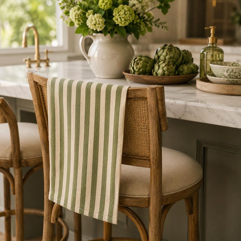 Puede incluir: Un pa&ntilde;o de cocina con rayas verticales de color verde salvia y crema colgado sobre el respaldo de un taburete de madera con respaldo de rejilla y asiento tapizado en beige, situado en una cocina con encimera de m&aacute;rmol.