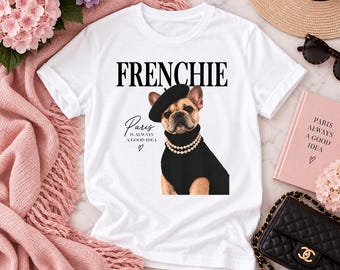 French Bulldog Shirt Frenchie Dog Owner Gift Paris Themed Graphic Tee Womens Casual Top Fashion Enthusiast Apparel Cute Pup Beret Design