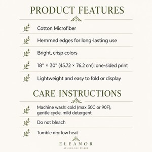 Puede incluir: Una tarjeta de informaci&oacute;n de producto titulada PRODUCT FEATURES y CARE INSTRUCTIONS. Las caracter&iacute;sticas incluyen microfibra de algod&oacute;n, bordes con dobladillo, colores brillantes, dimensiones de 45,72 por 76,2 cm y dise&ntilde;o ligero. Lavado en fr&iacute;o, sin lej&iacute;a.