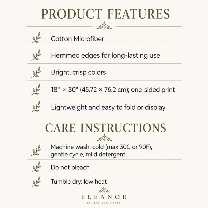 Puede incluir: Una tarjeta de informaci&oacute;n de producto titulada PRODUCT FEATURES y CARE INSTRUCTIONS. Las caracter&iacute;sticas incluyen microfibra de algod&oacute;n, bordes con dobladillo, colores brillantes, dimensiones de 45,72 por 76,2 cm y dise&ntilde;o ligero. Lavado en fr&iacute;o, sin lej&iacute;a.