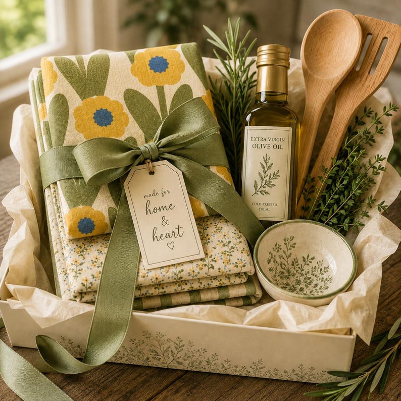 Puede incluir: Un set de regalo que contiene tela doblada con patrones de flores amarillas, una botella de aceite de oliva virgen extra, dos utensilios de cocina de madera, un cuenco de cer&aacute;mica con dise&ntilde;os de hojas verdes y una etiqueta made for home & heart.