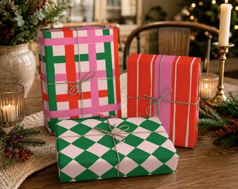 Christmas Gift Wrap Paper Sheet Matte Finish Birthday Wrapping Roll Festive Design Holiday Pattern Pink Plaid Covering Party Supply Baby