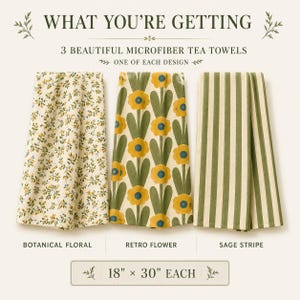 Puede incluir: Tres pa&ntilde;os de cocina de microfibra que miden 46 cm por 76 cm cada uno. El primer pa&ntilde;o presenta un peque&ntilde;o patr&oacute;n floral bot&aacute;nico, el segundo muestra flores amarillas grandes con tallos verdes y el tercero tiene rayas verticales verde salvia.