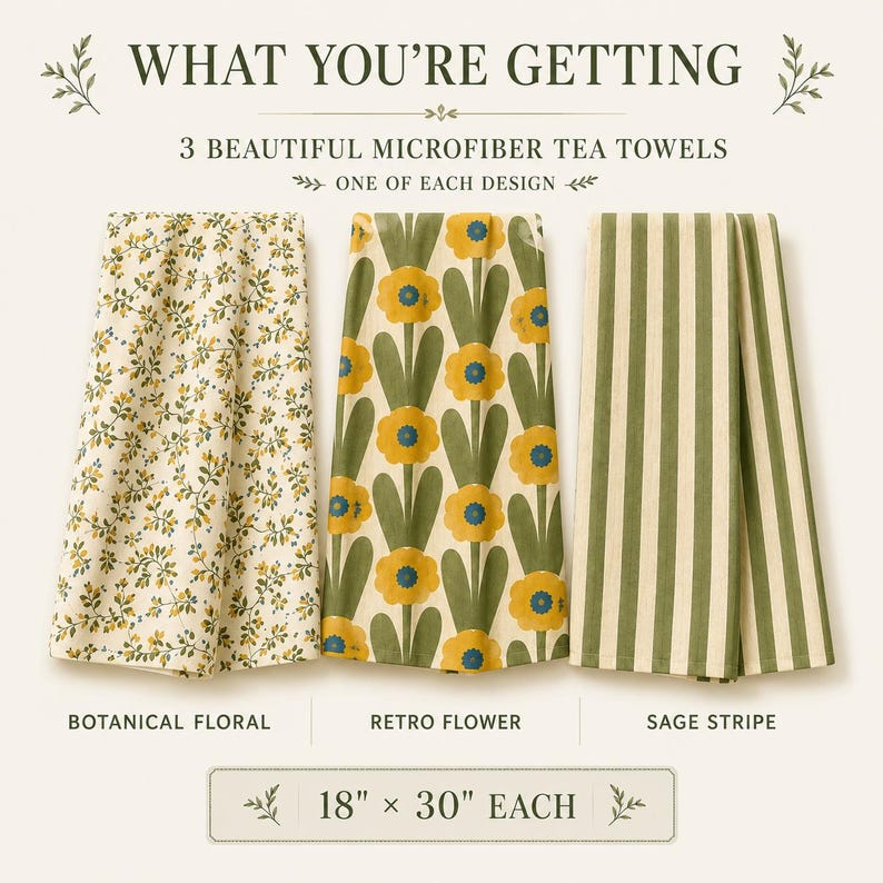 Puede incluir: Tres pa&ntilde;os de cocina de microfibra que miden 46 cm por 76 cm cada uno. El primer pa&ntilde;o presenta un peque&ntilde;o patr&oacute;n floral bot&aacute;nico, el segundo muestra flores amarillas grandes con tallos verdes y el tercero tiene rayas verticales verde salvia.