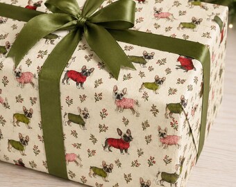 French Bulldog Wrapping Paper Roll Christmas Gift Wrap Dog Pattern Paper Birthday Present Fun Whimsical Holiday Set Pet Theme Animal Lover