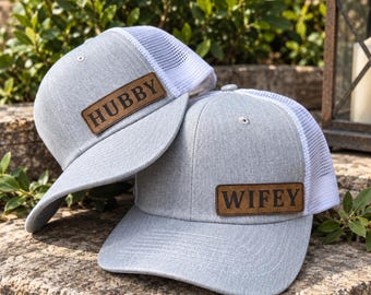 Hubby Wifey Hat Trucker Cap Baseball Couple Matching Set Wedding Gift Newlywed Anniversary Bride Groom His Hers Snapback Leather Patch