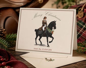 Personalized Christmas Card Horse Theme Holiday Greeting Family Name Custom Stationery Equestrian Design Dressage Rider Merry Message
