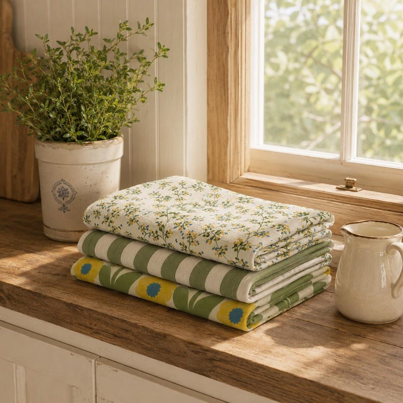 Puede incluir: Una pila de tres pa&ntilde;os de tela doblados. El pa&ntilde;o superior presenta un peque&ntilde;o estampado floral amarillo y verde. El pa&ntilde;o central tiene rayas verticales verdes y blancas. El pa&ntilde;o inferior muestra grandes flores amarillas con centros azules sobre fondo verde.