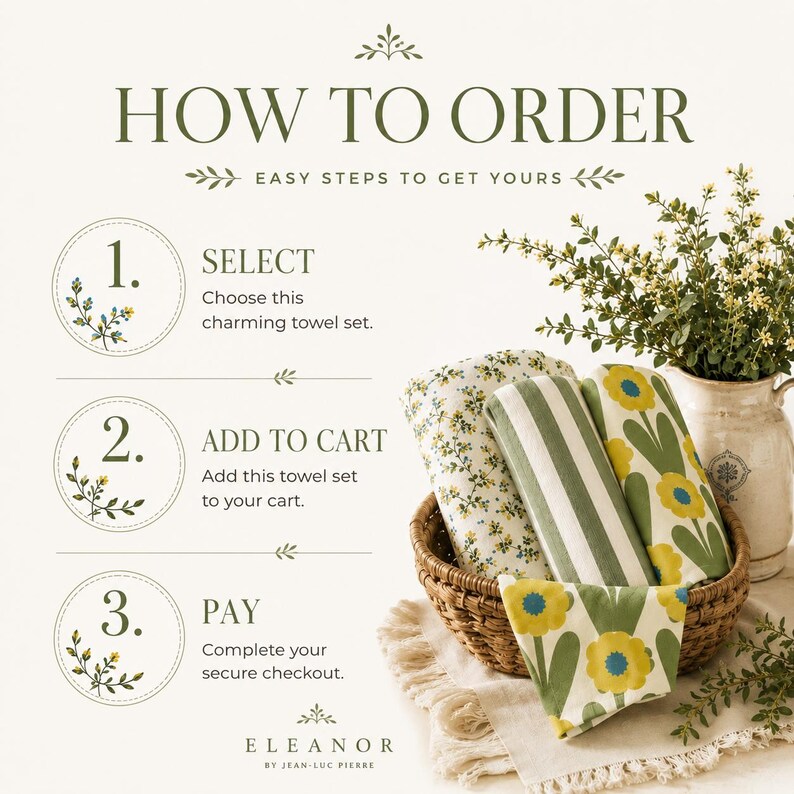 Puede incluir: Un gr&aacute;fico de instrucciones titulado HOW TO ORDER con tres pasos. A la derecha, una cesta tejida contiene tres toallas dobladas con rayas verdes y patrones florales amarillos, junto a una jarra de cer&aacute;mica con follaje verde.