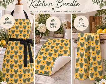 Retro Sage Apron Tea Towel Dish Mat Kitchen Textile Farmhouse Home Cooking Accessory Housewarming Hostess Gift Bundle Cotton Canvas Chef