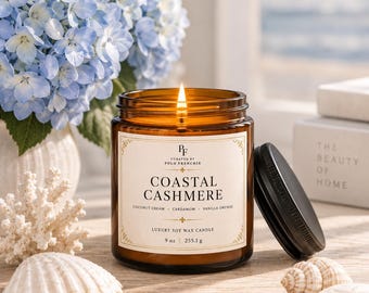 Hand Poured Coconut Cream Vanilla Orchid Coastal Fragrance Soy Wax Candle Amber Glass Jar Scented Home Luxury Housewarming gift Bedroom