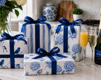 Blue Wrapping Wedding Paper Watercolor Gift Wrap Hydrangeas Floral Sheet Botanical Bird Design Blue Birds Branch Style Stripe Pattern Roll
