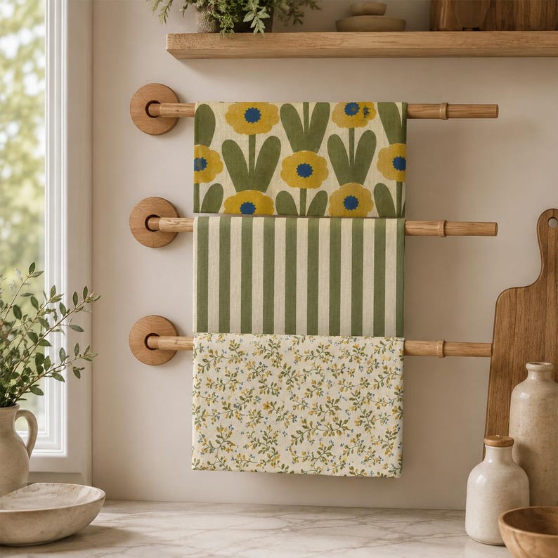 Puede incluir: Tres pa&ntilde;os de cocina rectangulares colgados de barras de madera individuales montadas en la pared. El pa&ntilde;o superior tiene un patr&oacute;n de flores amarillas, el central rayas verdes verticales y el inferior un peque&ntilde;o estampado floral amarillo.