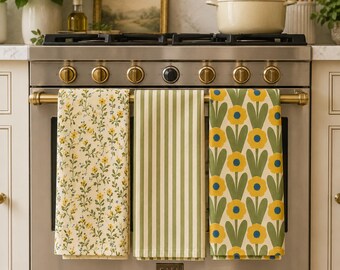 Kitchen Tea Towel Cotton Hand Dish Drying Farmhouse Style Vintage Floral Botanical Print Sage Green Striped Linen Housewarming Gift Spring