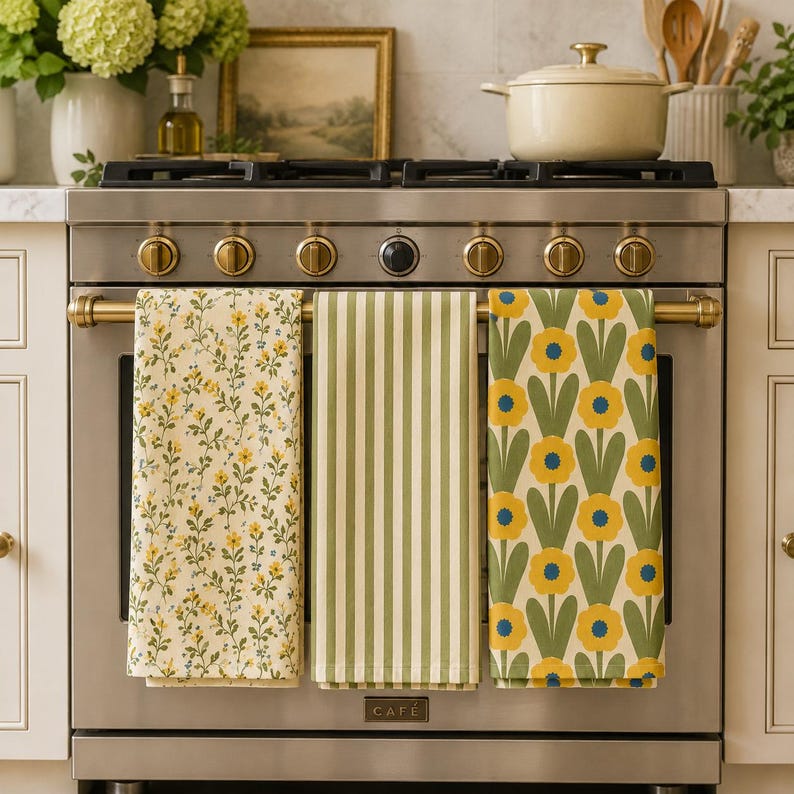 Kitchen Tea Towel Cotton Hand Dish Drying Perfect Housewarming Gift Spring Home Country Kitchen Decor Farmhouse Style Vintage Floral Botanical Print Sage Green Striped Pattern Hemmed Edge Construction Functional Kitchen Display Essential