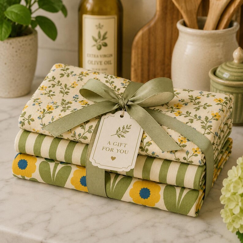 Puede incluir: Una pila de tres pa&ntilde;os de tela doblados atados con una cinta verde salvia y una etiqueta que dice A GIFT FOR YOU. El pa&ntilde;o superior presenta un peque&ntilde;o patr&oacute;n floral amarillo, el del medio tiene rayas verdes y el inferior tiene grandes flores amarillas.