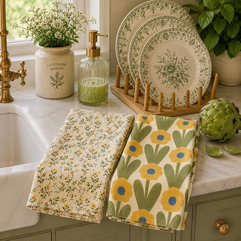Puede incluir: Dos pa&ntilde;os de cocina plegados con estampados florales. Uno tiene un dise&ntilde;o de peque&ntilde;as flores silvestres amarillas y verdes, mientras que el otro muestra flores amarillas grandes con centros azules y tallos verdes sobre fondo crema.