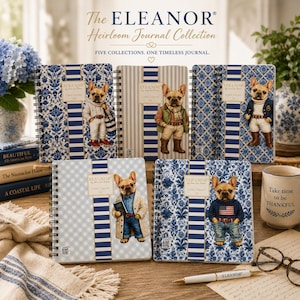 May include: Five spiral-bound journals from The ELEANOR Heirloom Journal Collection, each featuring a French bulldog dressed in different outfits. The covers display blue and white patterns, including damask, stripes, and gingham, with a central vertical blue and white striped band on each notebook.