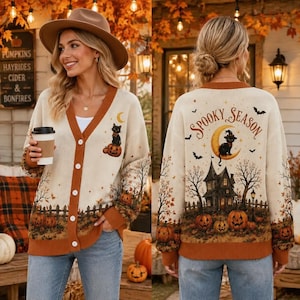 Cardigan spettrale, maglione con gatto nero e casa infestata, maglione con scollo a V e bottoni e motivo a zucca, outfit autunnale da strega, regalo autunnale per donne